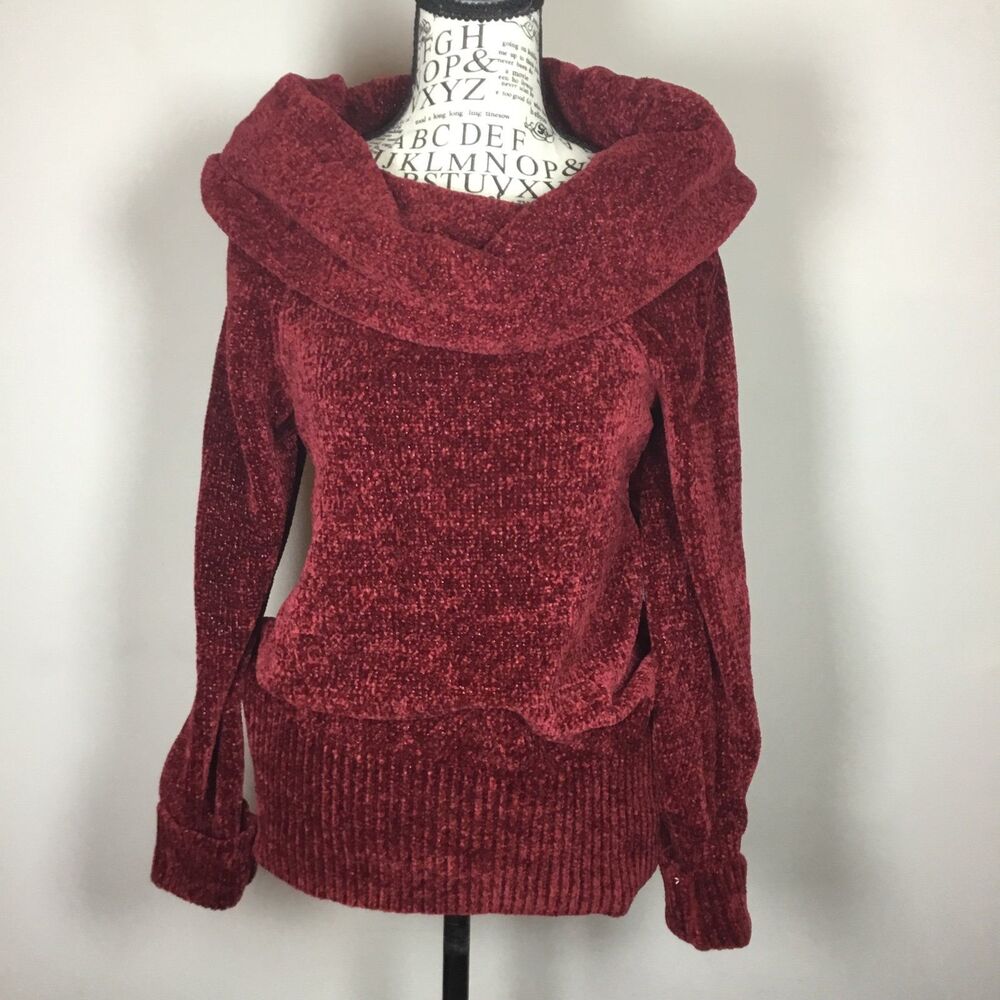 Wine red chenille sweater cowl or Marilyn neck stretchy Hollywood glam cozy M